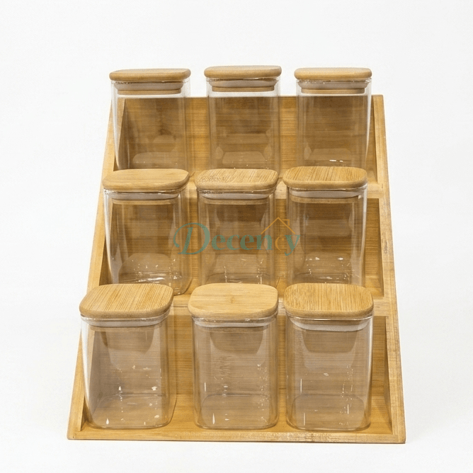 3-Tier Bamboo Spice Rack Organizer with 9 Glass Jars