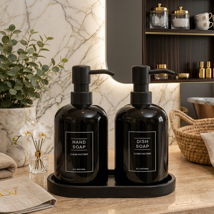 2-Piece Ceramic Soap Dispenser Set with Tray ( Matte Black )