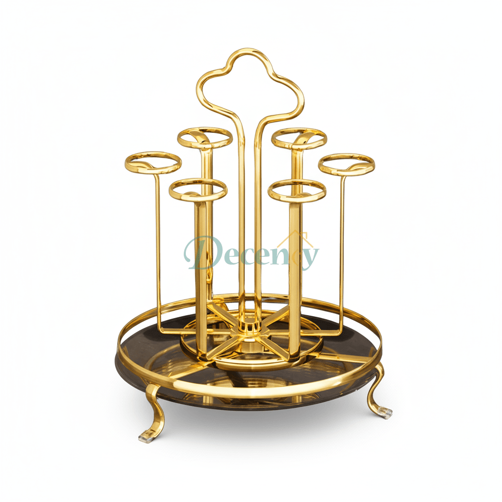 Luxury Golden Rotating Glass Stand Holder for 6 Glasses - Gold and Black Serving Tray for Dining Table in Pakistan