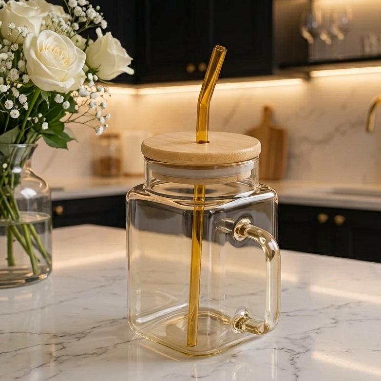 Luxury Cube Glass Drinking Mug with Straw - Golden Tint
