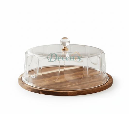 Elegant Wooden Cake Stand with Clear Acrylic Lid – Small