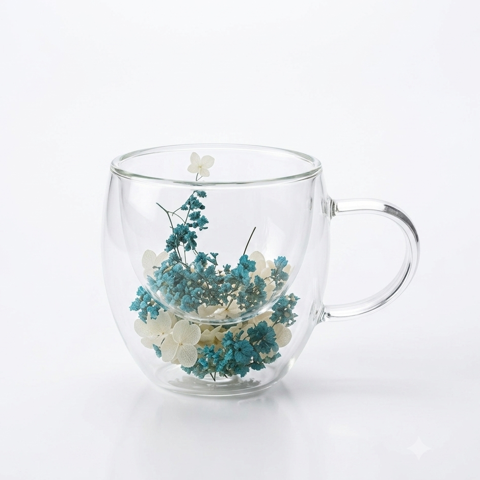 Double Wall Dried Flower Glass Mug 250ml - Heat Resistant