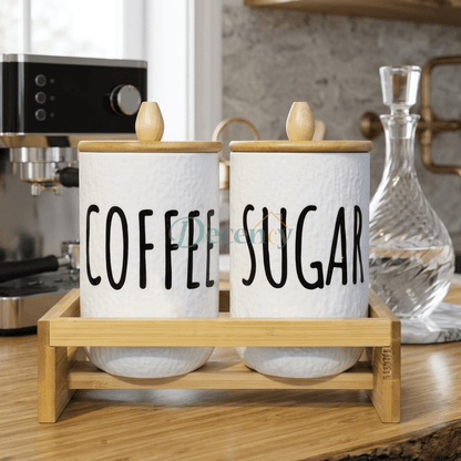 Nordic Ceramic Coffee & Sugar Storage Jar Set with Bamboo Stand
