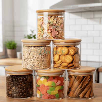 6 Pcs Clear Glass Food Canisters with Bamboo Lid Airtight