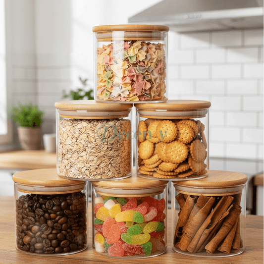 6 Pcs Clear Glass Food Canisters with Bamboo Lid Airtight