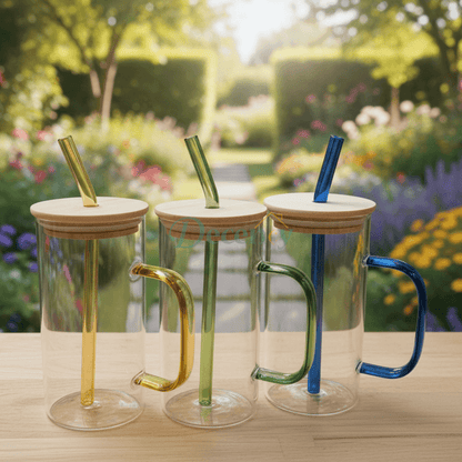 Elegant Glass Mug Set with Colorful Handles & Bamboo Lids