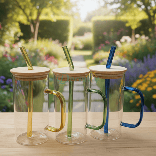 Elegant Glass Mug Set with Colorful Handles & Bamboo Lids