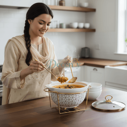 Luxury Ceramic Chafing Dish Gold Trim (white)