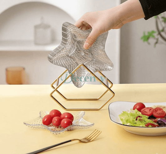 Clear Acrylic Star Shape Serving Plate Set (8 Pcs) with Gold Rim and Black Metal Stand - Decency Store Pakistan