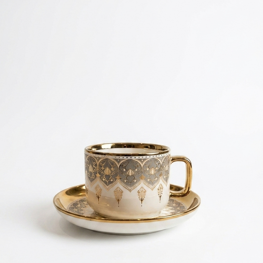 6 Pcs Luxury White & Golden Ceramic Coffee Cup with Saucer