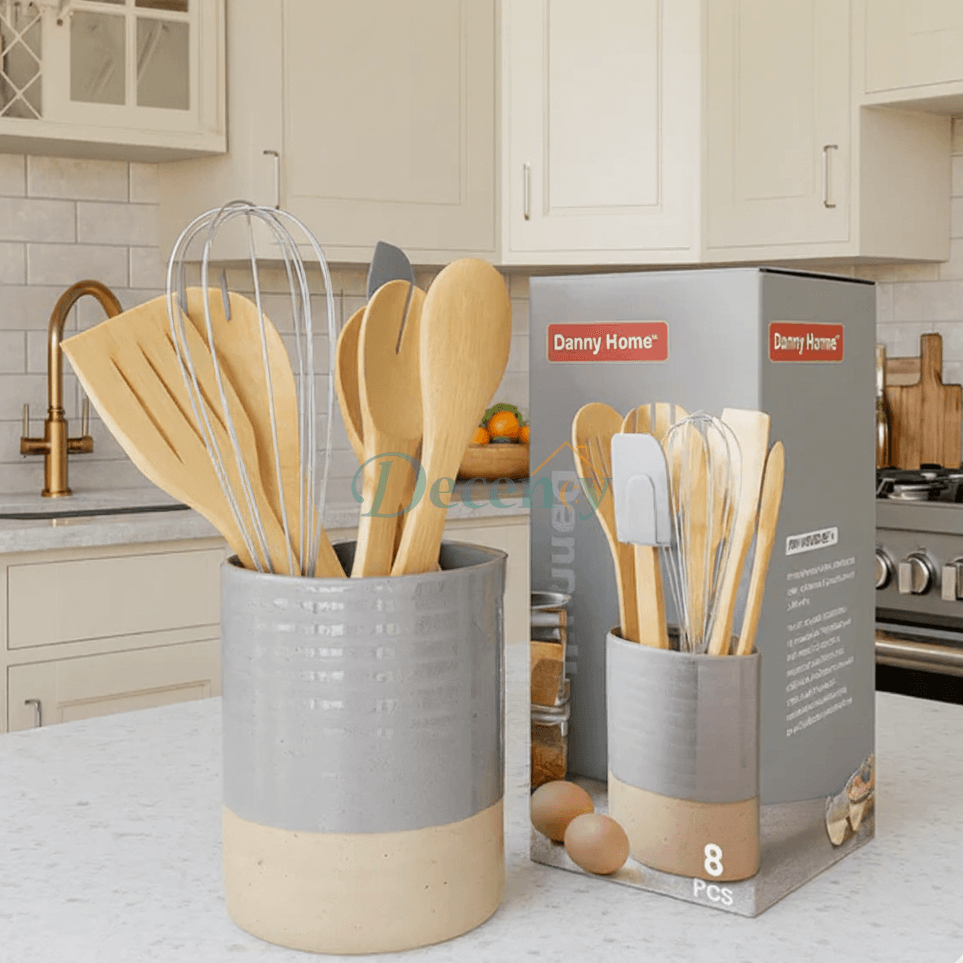 Danny Home 8-Piece Wooden Kitchen Utensil Set with Holder