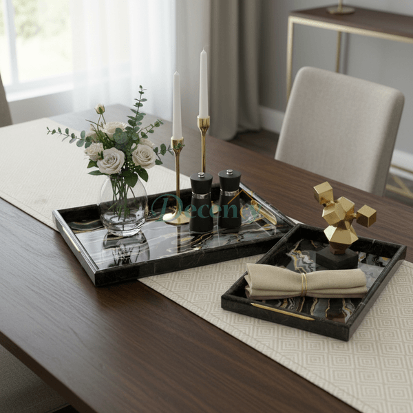 3-Piece Black & Gold Marble-Look Serving Tray Set