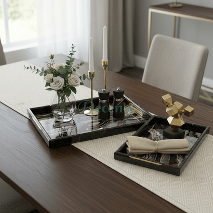 3-Piece Black & Gold Marble-Look Serving Tray Set
