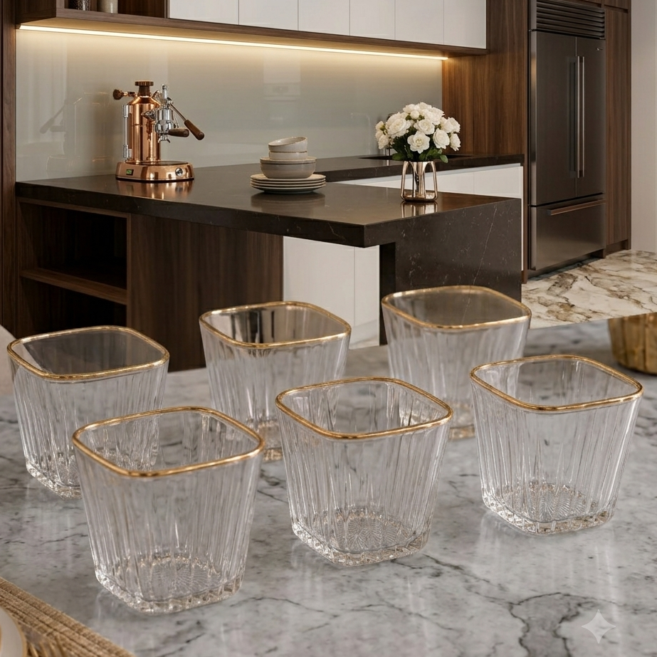 Premium Diamond Cut Gold Rim Drinking Glass Set (6 Pcs)