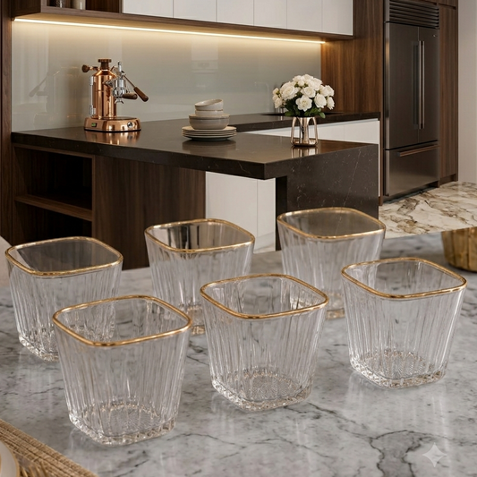 Premium Diamond Cut Gold Rim Drinking Glass Set (6 Pcs)