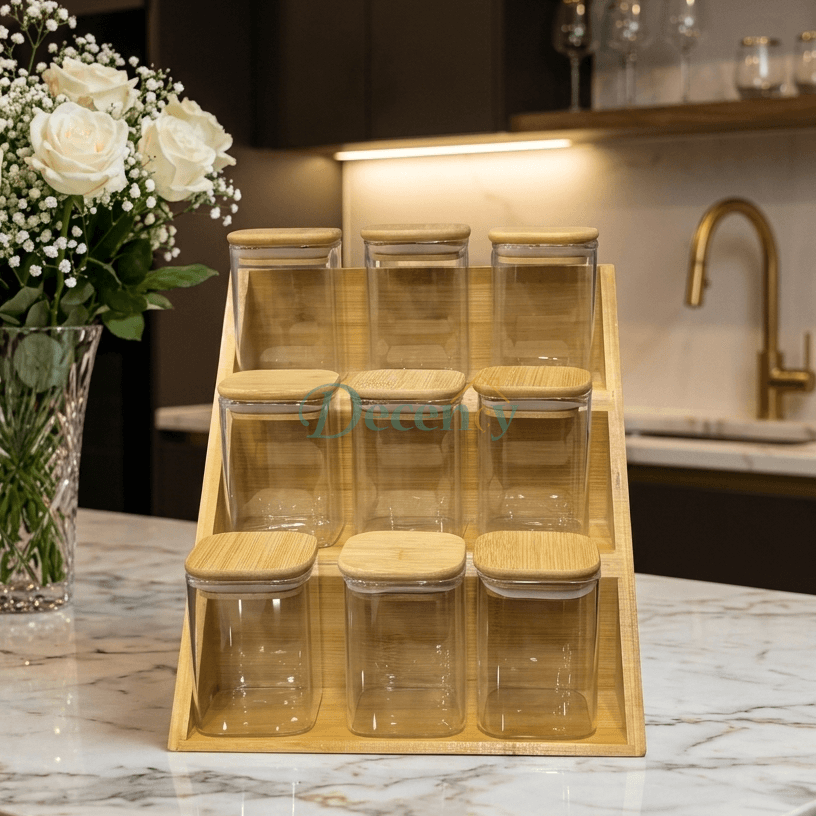 3-Tier Bamboo Spice Rack Organizer with 9 Glass Jars