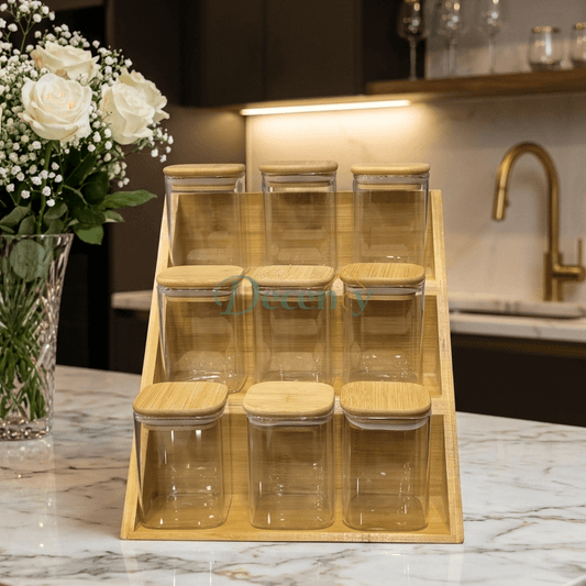 3-Tier Bamboo Spice Rack Organizer with 9 Glass Jars