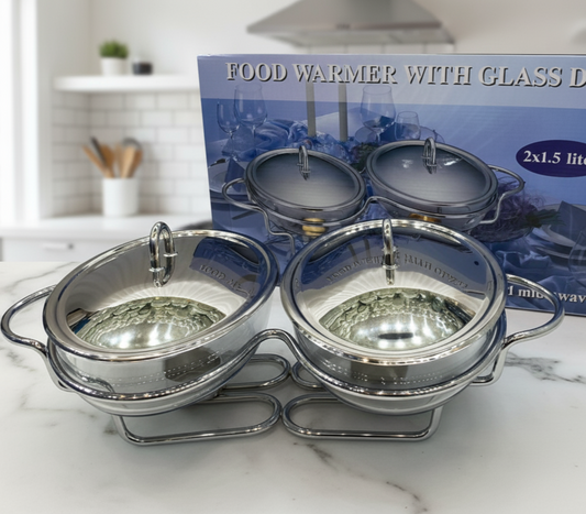 Double Food Warmer with Glass Dishes (Round)