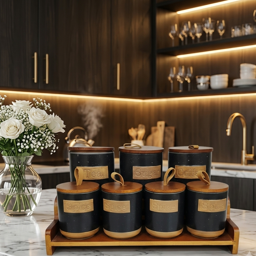 Premium Ceramic Kitchen Canister & Spice Jar Set with Wooden Stand