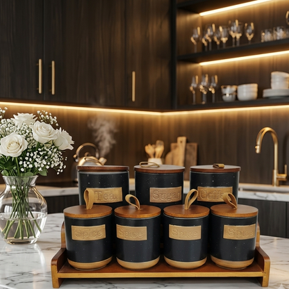 Premium Ceramic Kitchen Canister & Spice Jar Set with Wooden Stand