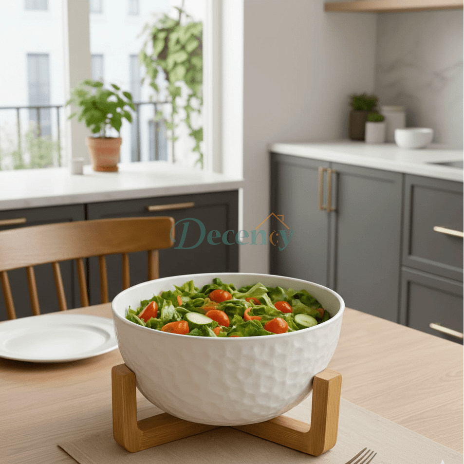 Elegant White Textured Ceramic Serving Bowl with Acacia Wooden Stand