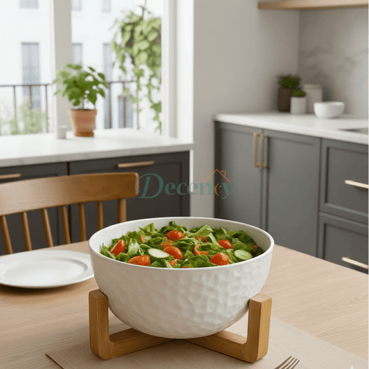 Elegant White Textured Ceramic Serving Bowl with Acacia Wooden Stand