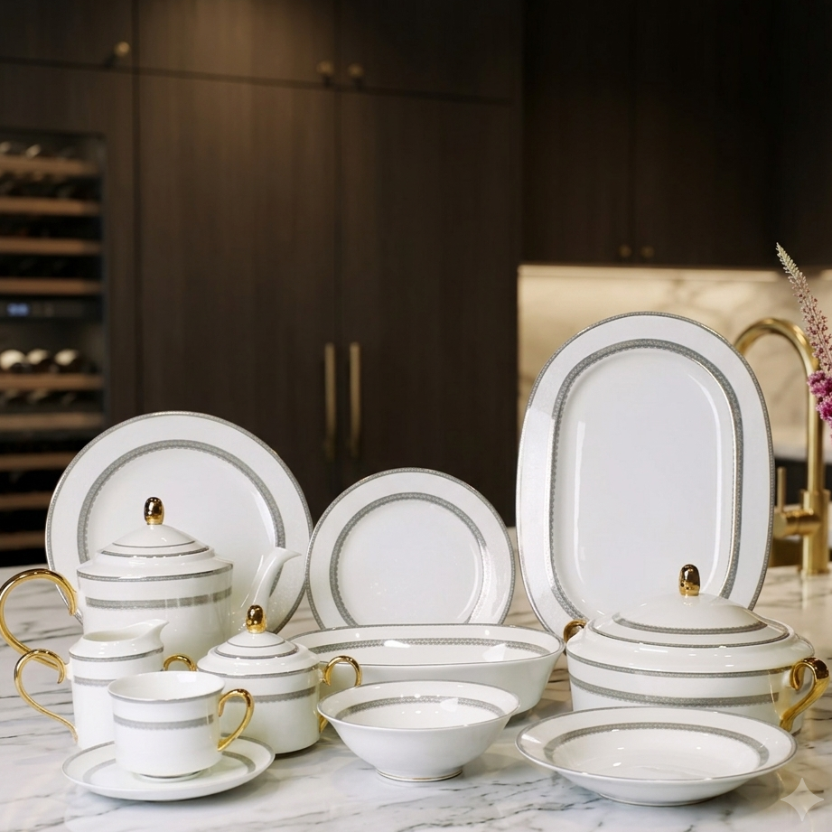 Luxurious 61-Piece White & Grey Bone China Dinner Set
