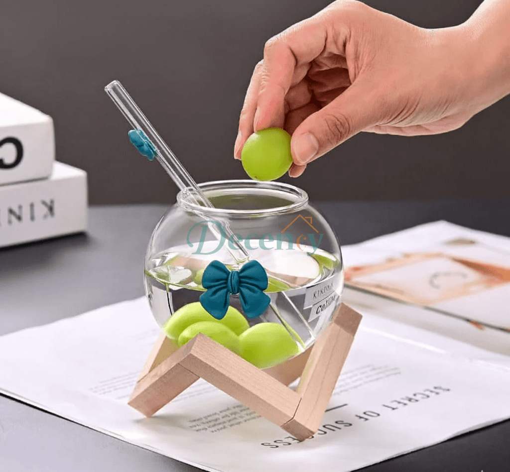 Elegant double wall glass coffee mug with glass straw and bamboo base stand for tea or iced drinks