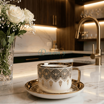 6 Pcs Luxury White & Golden Ceramic Coffee Cup with Saucer