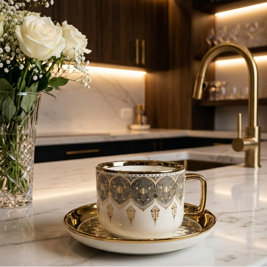 6 Pcs Luxury White & Golden Ceramic Coffee Cup with Saucer
