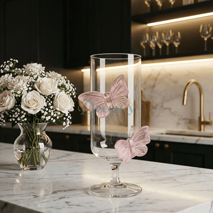 Luxury Pink Bow Flutter Glass Cup with Elegant Ribbon Handle