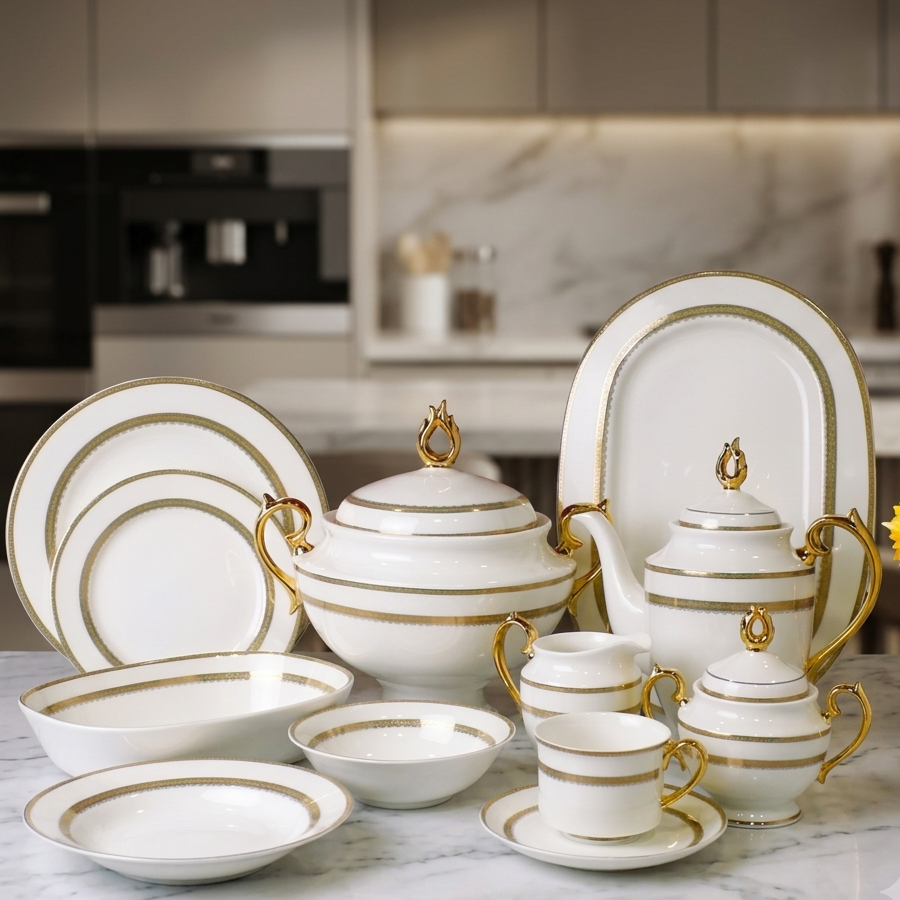 Luxurious 61-Piece White & Gold Bone China Dinner Set