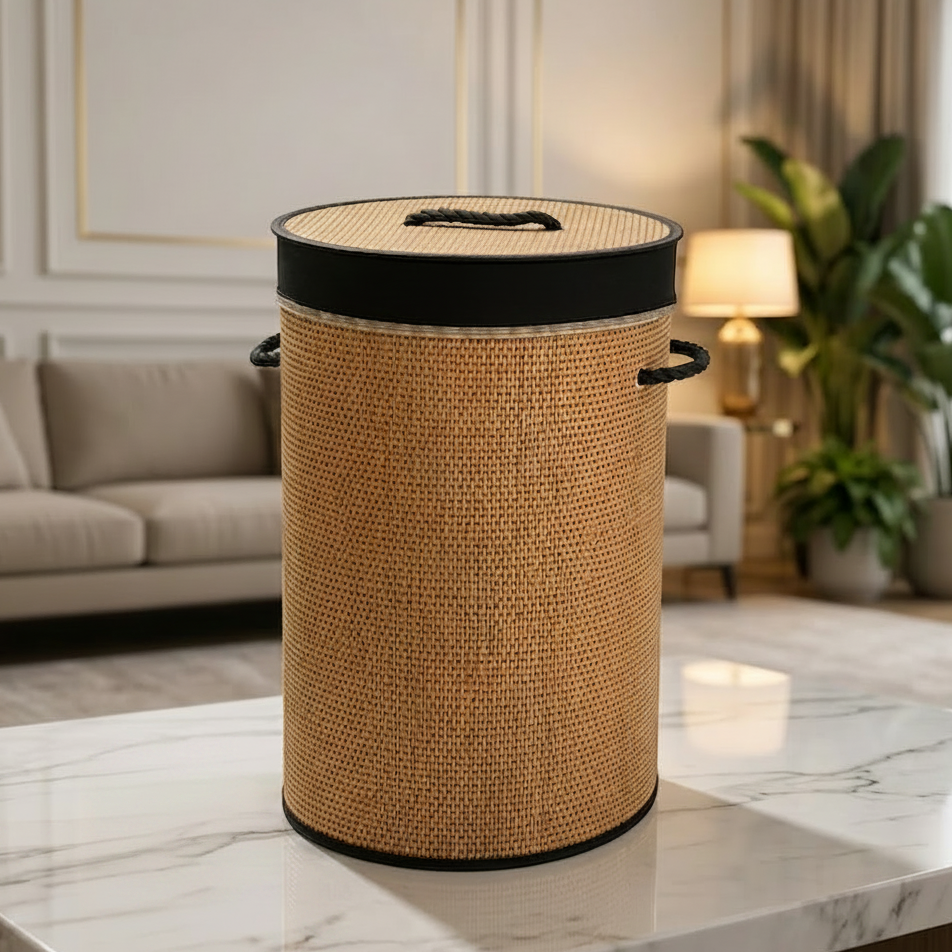 Handwoven Round Bamboo Laundry Basket with Lid & Liner