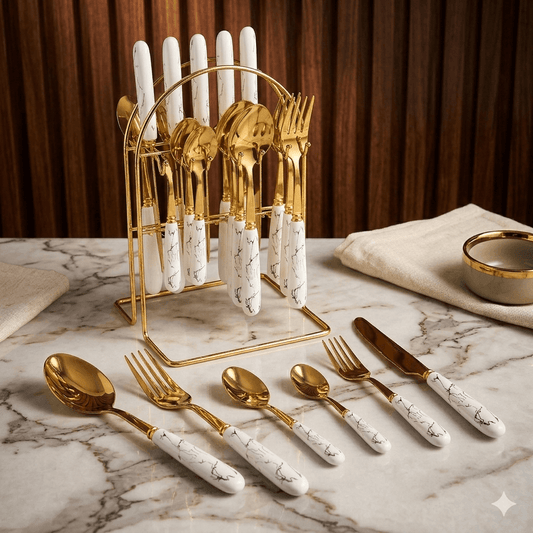 Luxury Gold Beaded Cutlery Set — 24-Piece with Stand