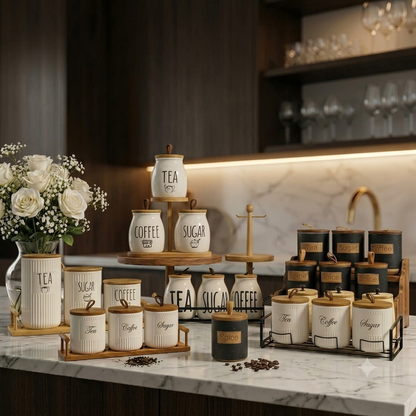Premium Ceramic Kitchen Canister & Spice Jar Set with Wooden Stand