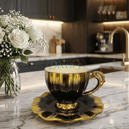6 Pcs Luxury Black & Golden Flower Ceramic Coffee Cup with Saucer