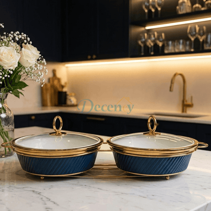 Double Round Blue Serving Dish Set – 12 Inches Elegant Ceramic Serving Bowl