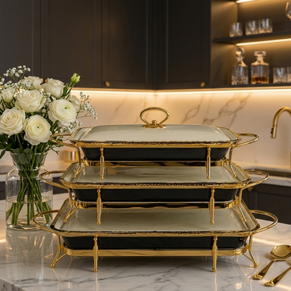 Luxury Gold & Black Rectangular Serving Tray Set – Premium Decorative Serving Trays