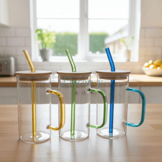 Elegant Glass Mug Set with Colorful Handles & Bamboo Lids