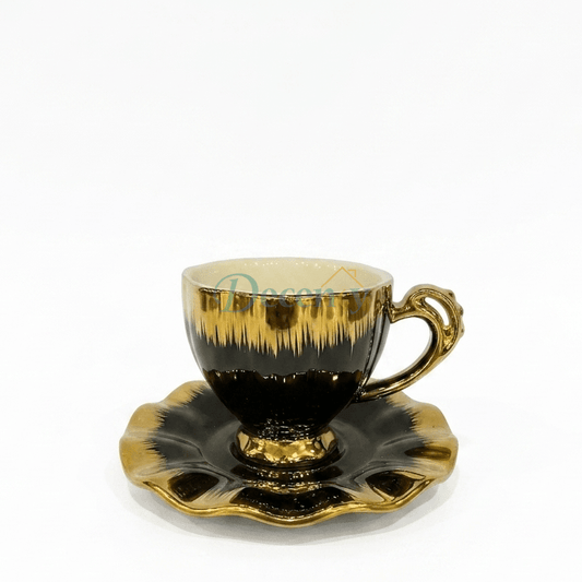 6 Pcs Luxury Black & Golden Flower Ceramic Coffee Cup with Saucer