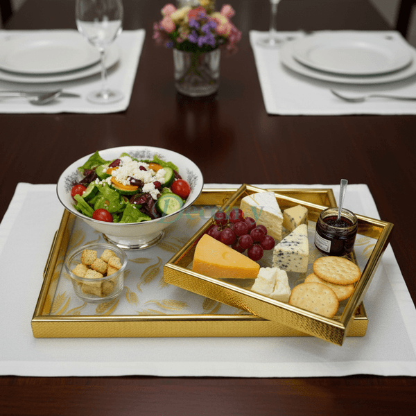 Luxury 2-Piece Glass Luxury Gold Wheat-Pattern Serving Tray Set