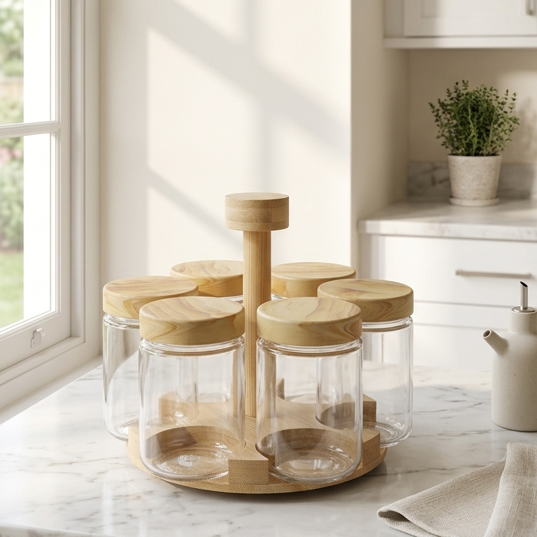 Luxury Glass Spice Jar Rack Set with Bamboo Holder – 6 Pc