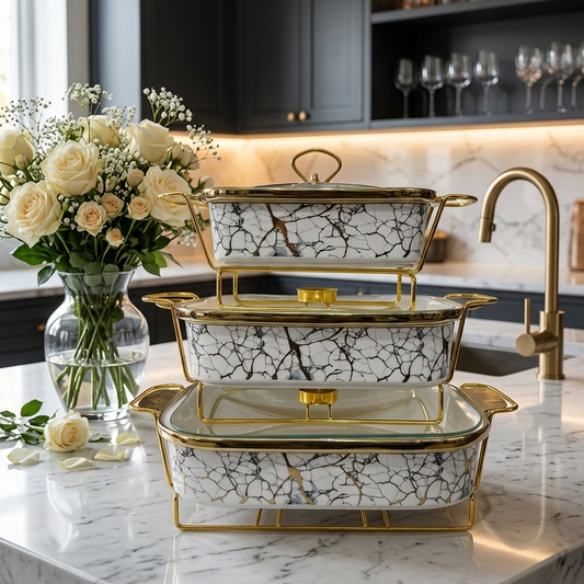 3 Pcs Luxury Ceramic Buffet Dish Set with Golden Stand & Lid ( 3 )