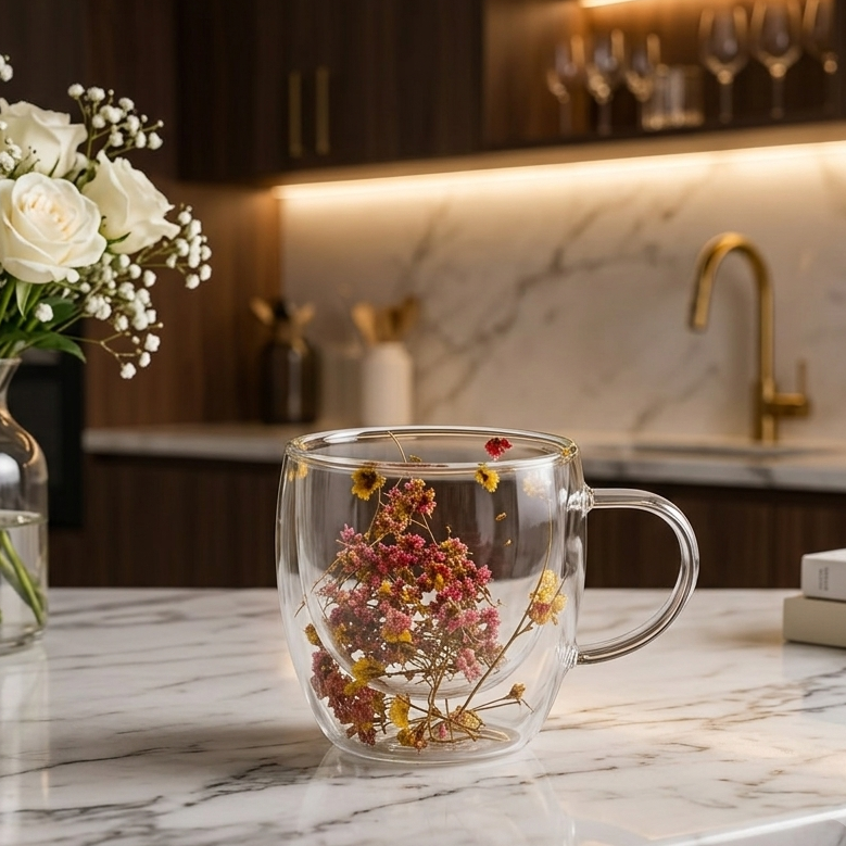 Clear Wildflower Double Layer Glass Mug 250ml