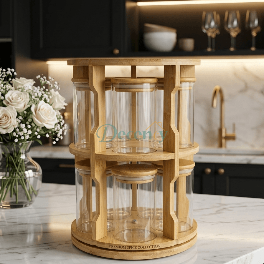 Bamboo Spice Rack Organizer - Rotating Spice Carousel