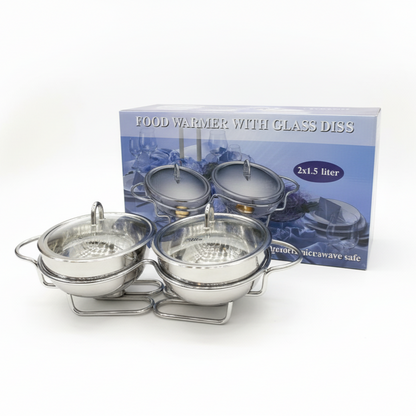 Double Food Warmer with Glass Dishes (Round)