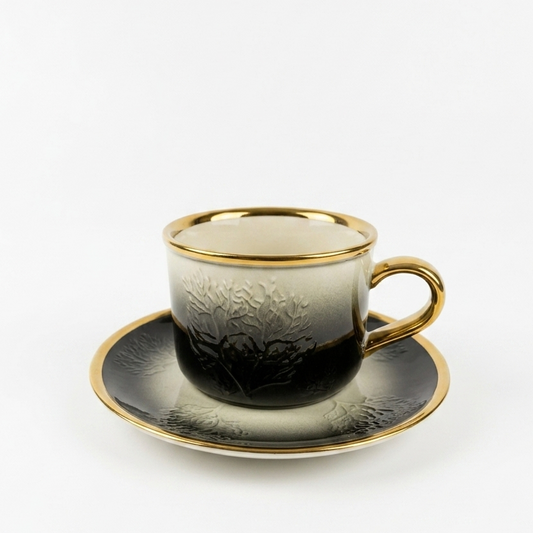 6 Pcs Luxury Black & Gold Ribbed Ceramic Coffee Cup with Saucer