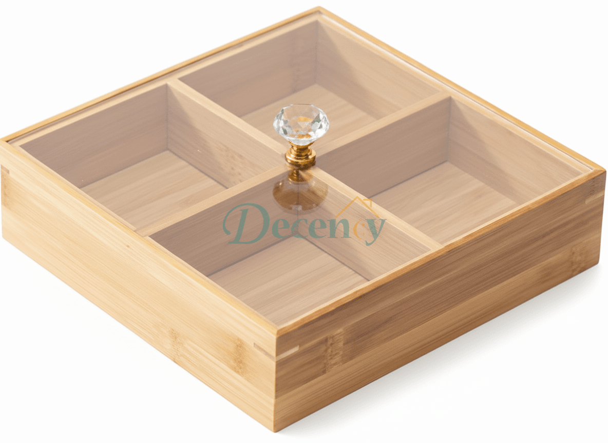 Generic Elegant Wooden Serving Tray with Protective Lid for Snacks and Sweets, 4 Grids
