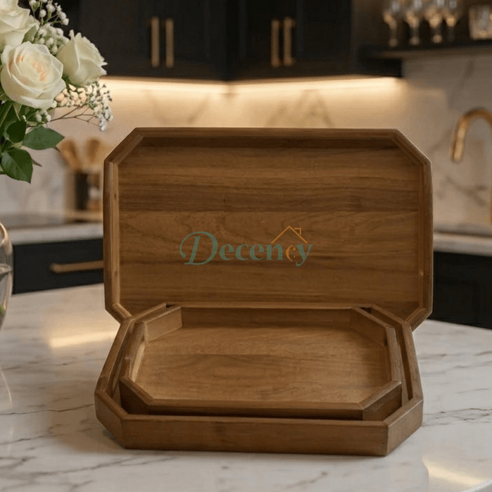 Luxury Wooden Octagonal Serving Tray Set  ( Brown )