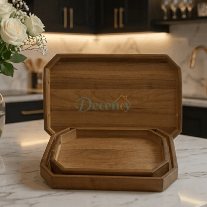Luxury Wooden Octagonal Serving Tray Set  ( Brown )